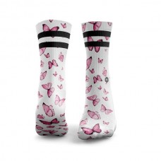 Chaussettes blanches PINK BUTTERFLIES 2 STRIPES | HEXXEE SOCKS