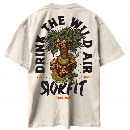 Unisex beige oversized T-Shirt DRINK THE WILD AIR| ROKFIT