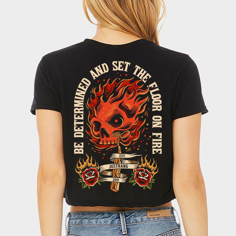 T-shirt femme Crop noir FLOOR ON FIRE | JUSTHANG — Noir · Taille L