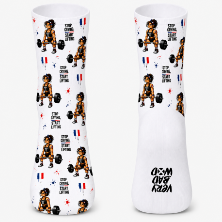 Very Bad Socks Stop Crying Woman blanc à motifs, chaussettes CrossFit femme