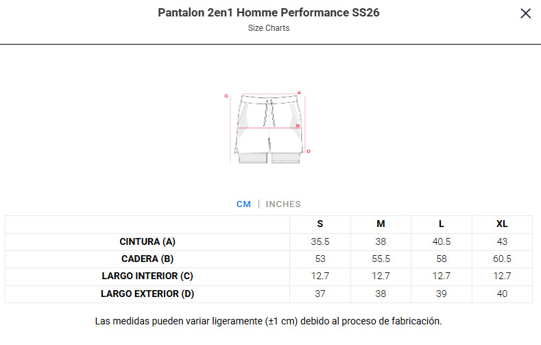 Guide des tailles short picsil  en  performance SS26
