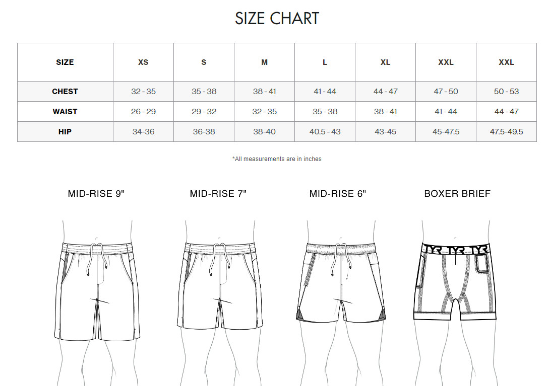 Size Chart TYR men Short